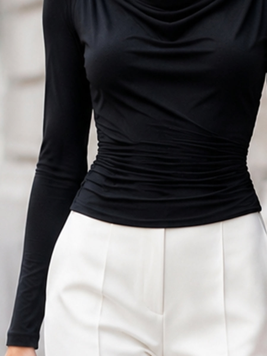 Draped Cowl Neck Long Sleeve Ruched Top