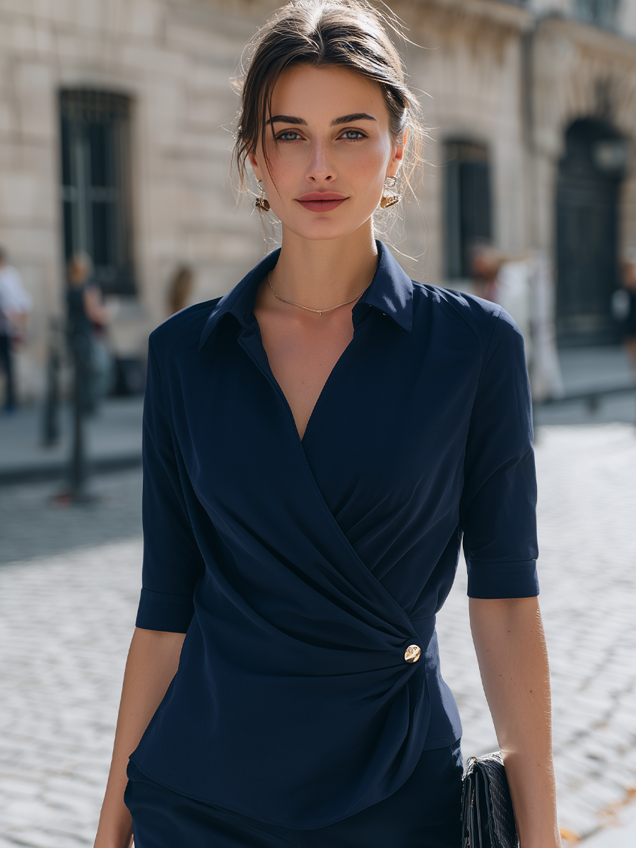 Collared Wrap-Front Ruched Top With Decorative Button
