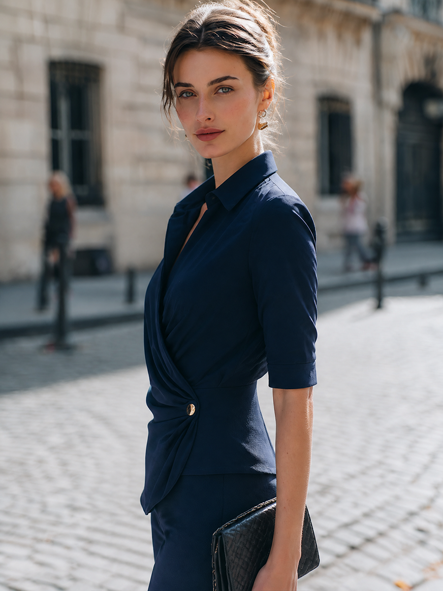 Collared Wrap-Front Ruched Top With Decorative Button