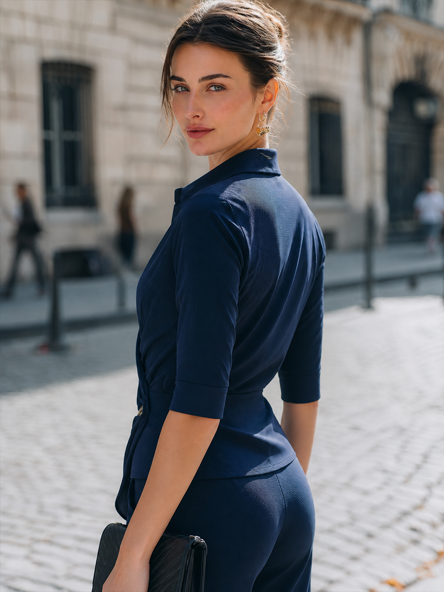 Collared Wrap-Front Ruched Top With Decorative Button