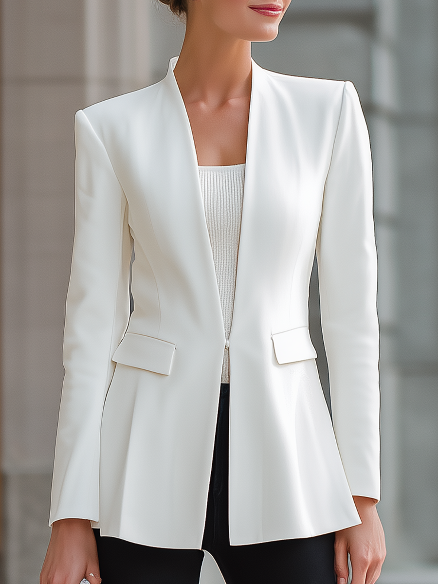 Collarless Open Front Blazer Elegant Slim Fit Long Sleeve Suit Jacket