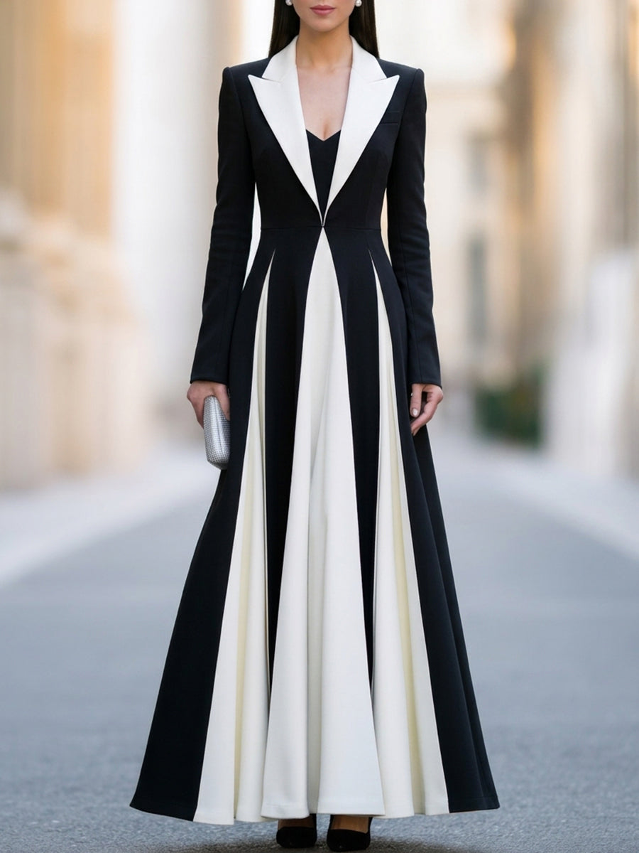 Contrast Color Block Long Sleeve Maxi Dress with Lapel Collar