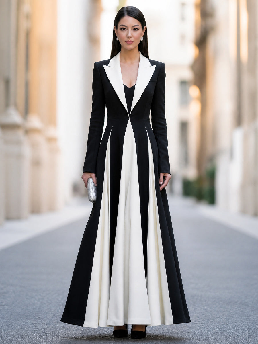 Contrast Color Block Long Sleeve Maxi Dress with Lapel Collar