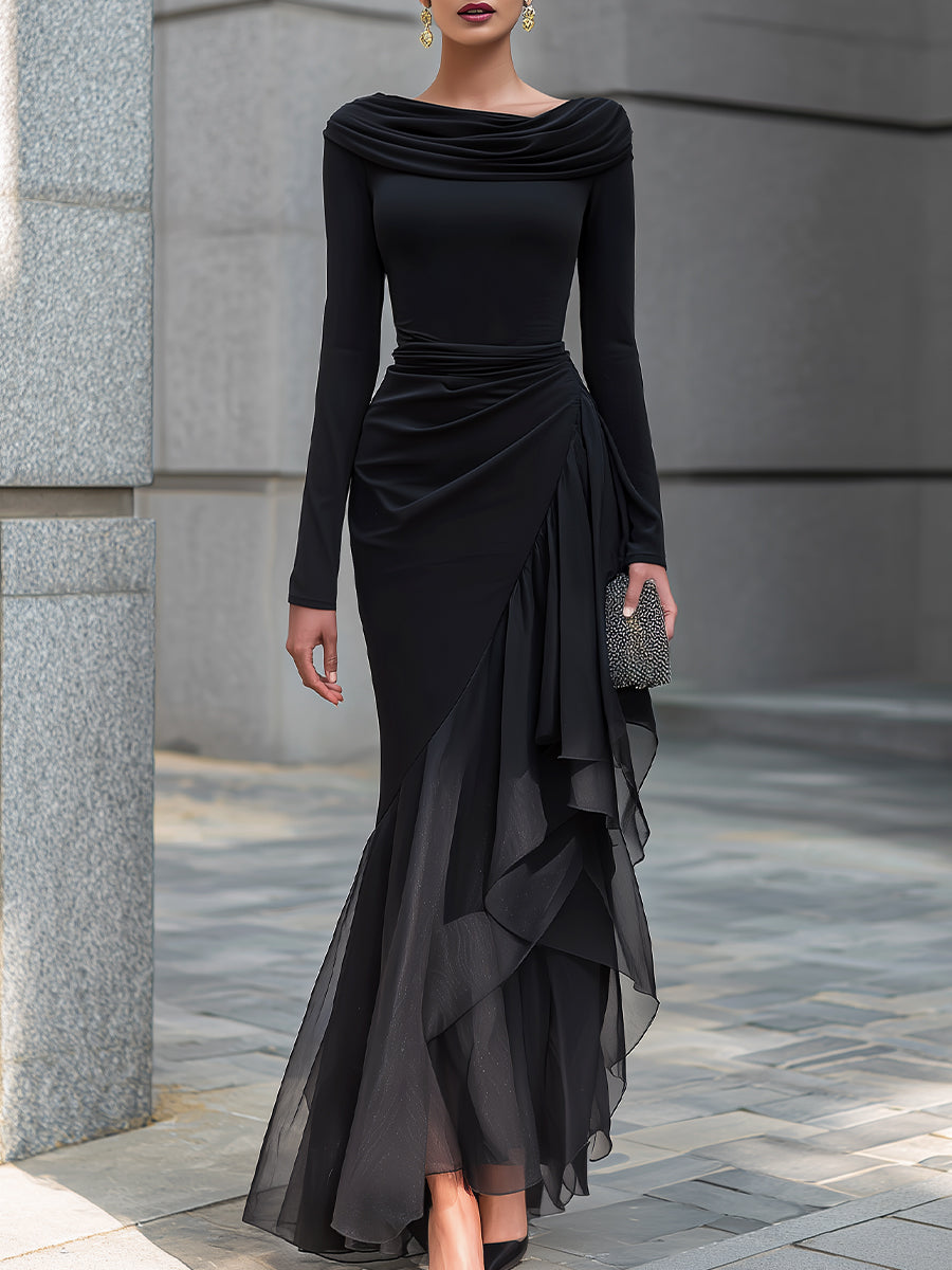 Draped Cowl Neck Layered Organza Panel Maxi Dress