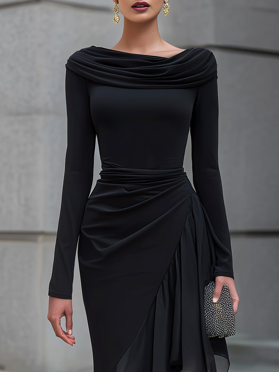 Draped Cowl Neck Layered Organza Panel Maxi Dress
