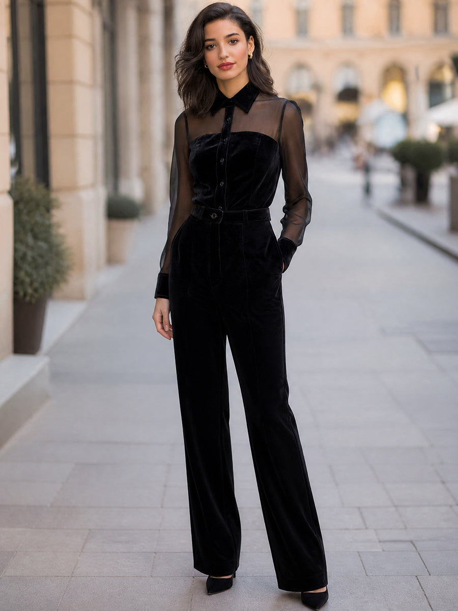 Sheer Yoke Velvet Shirt Blouse