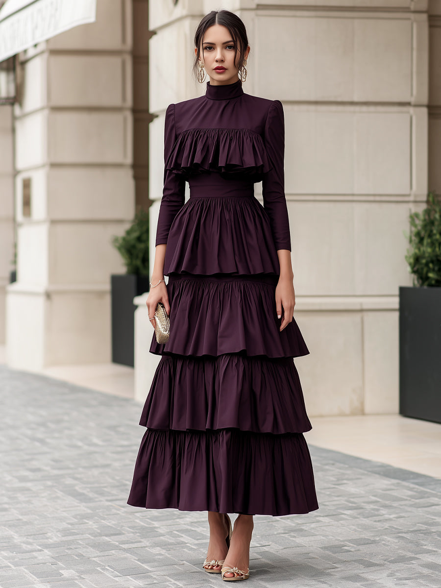 High Neck Multi-Tiered Ruffle Maxi Dress