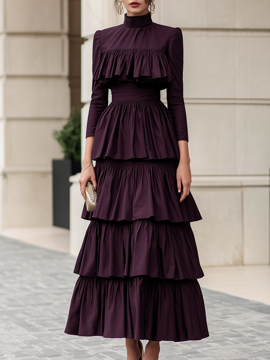 High Neck Multi-Tiered Ruffle Maxi Dress