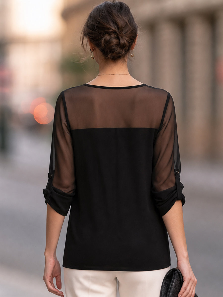 Asymmetrical Front Knot Sheer Yoke Chiffon Blouse