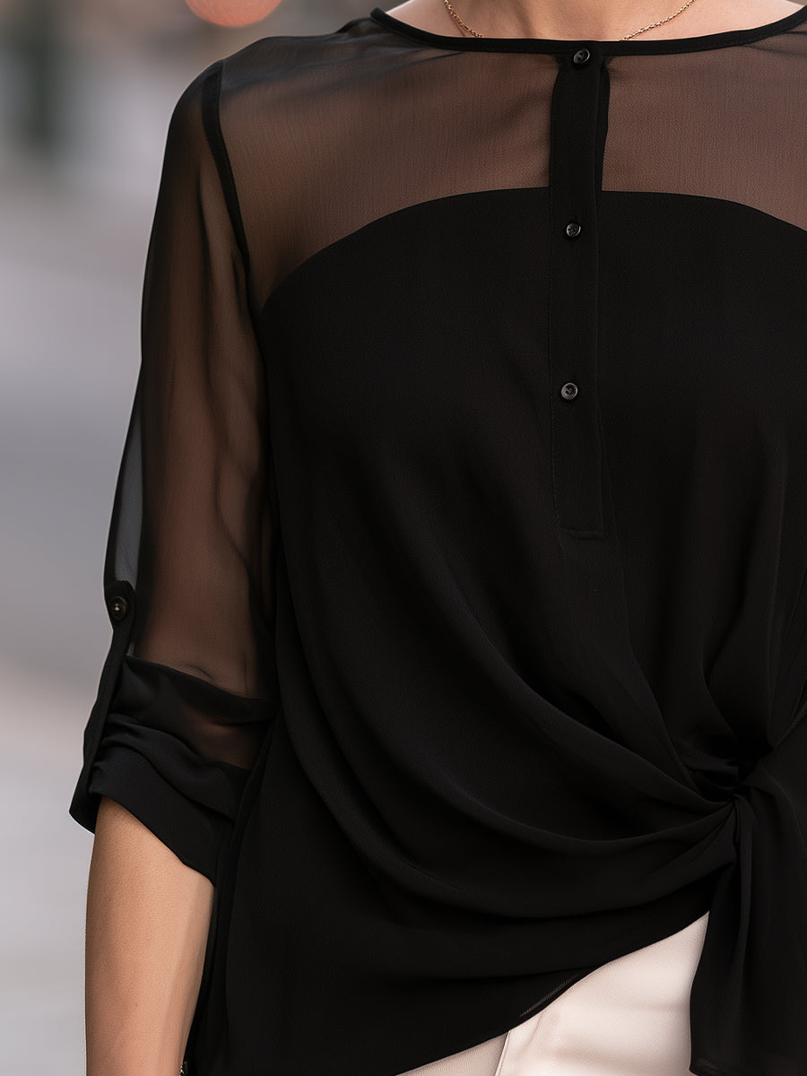 Asymmetrical Front Knot Sheer Yoke Chiffon Blouse