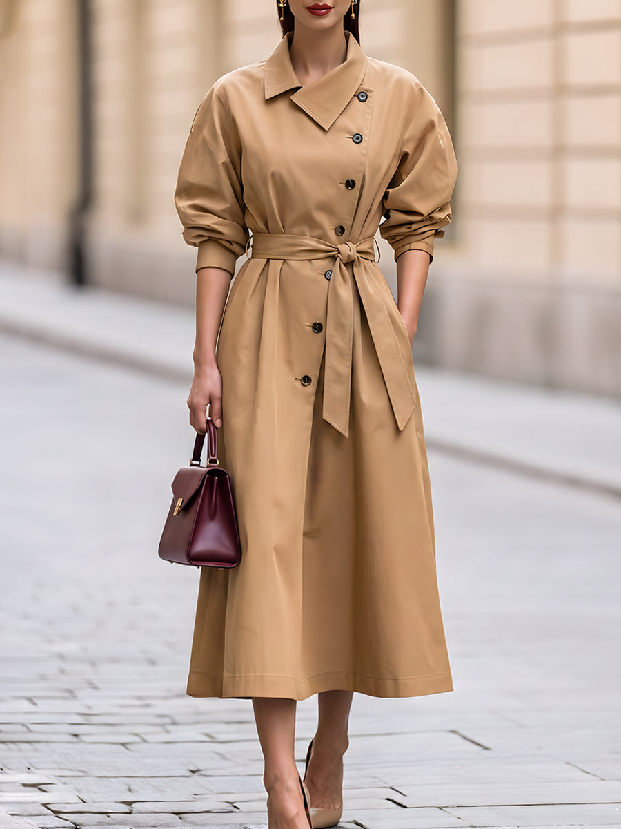 Double Breasted Belted Trench Style Midi Dress
