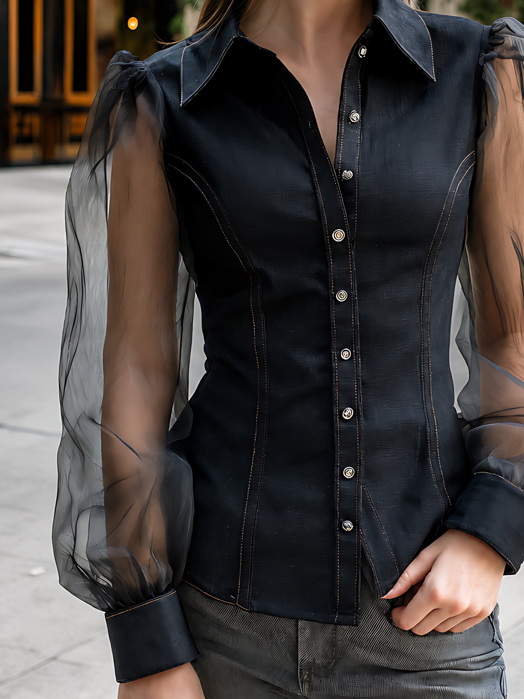 Organza-Sleeve Denim Button-Up Top