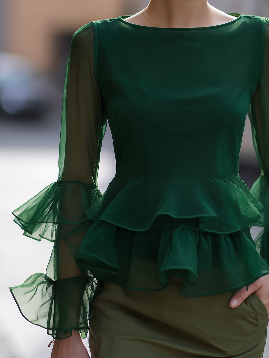 Organza Ruffle-Sleeve Peplum Top
