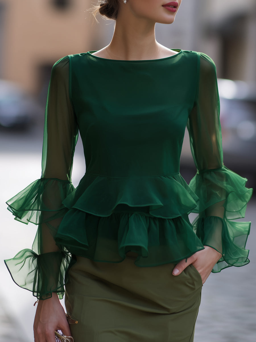 Organza Ruffle-Sleeve Peplum Top