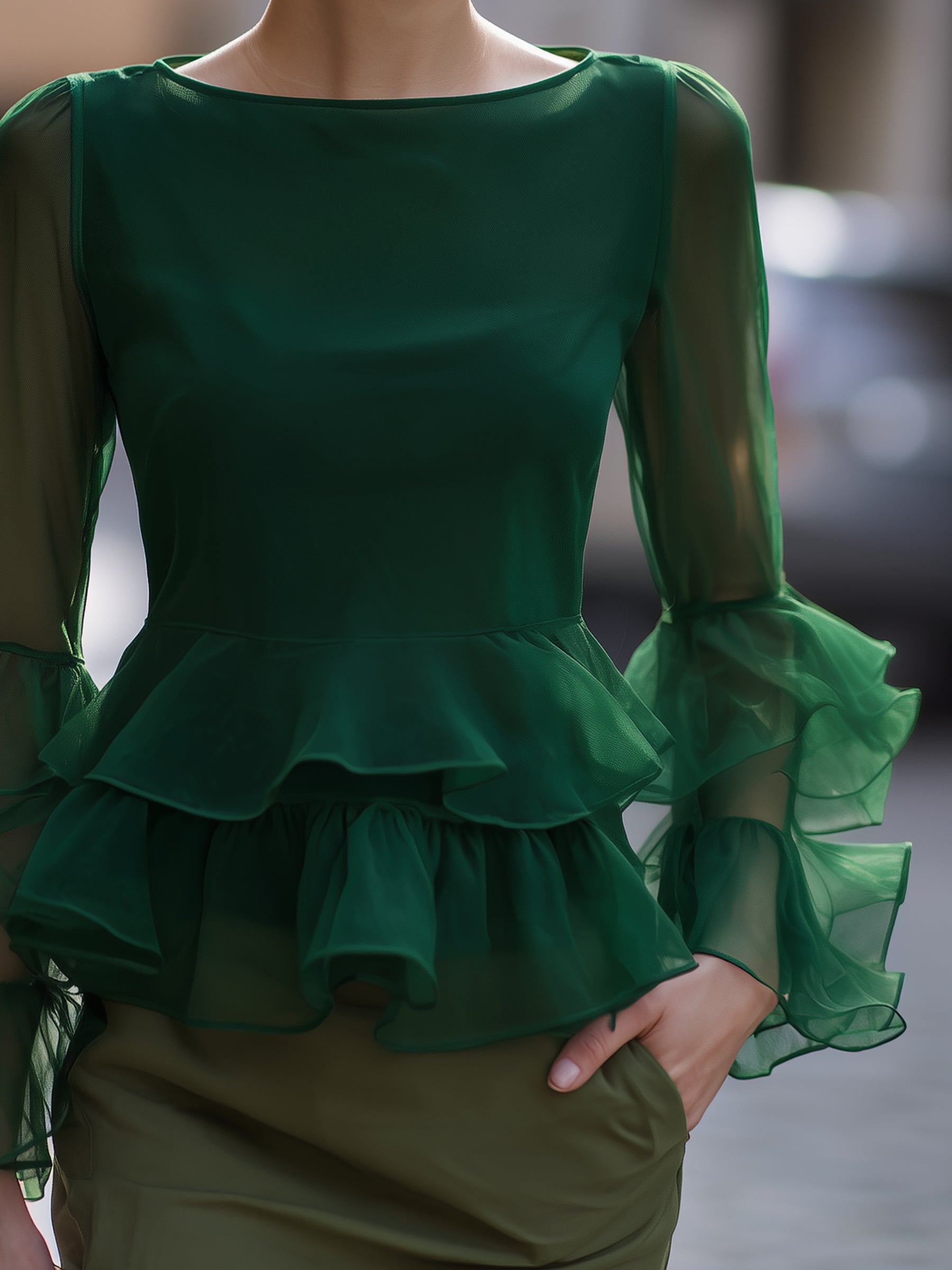 Organza Ruffle-Sleeve Peplum Top