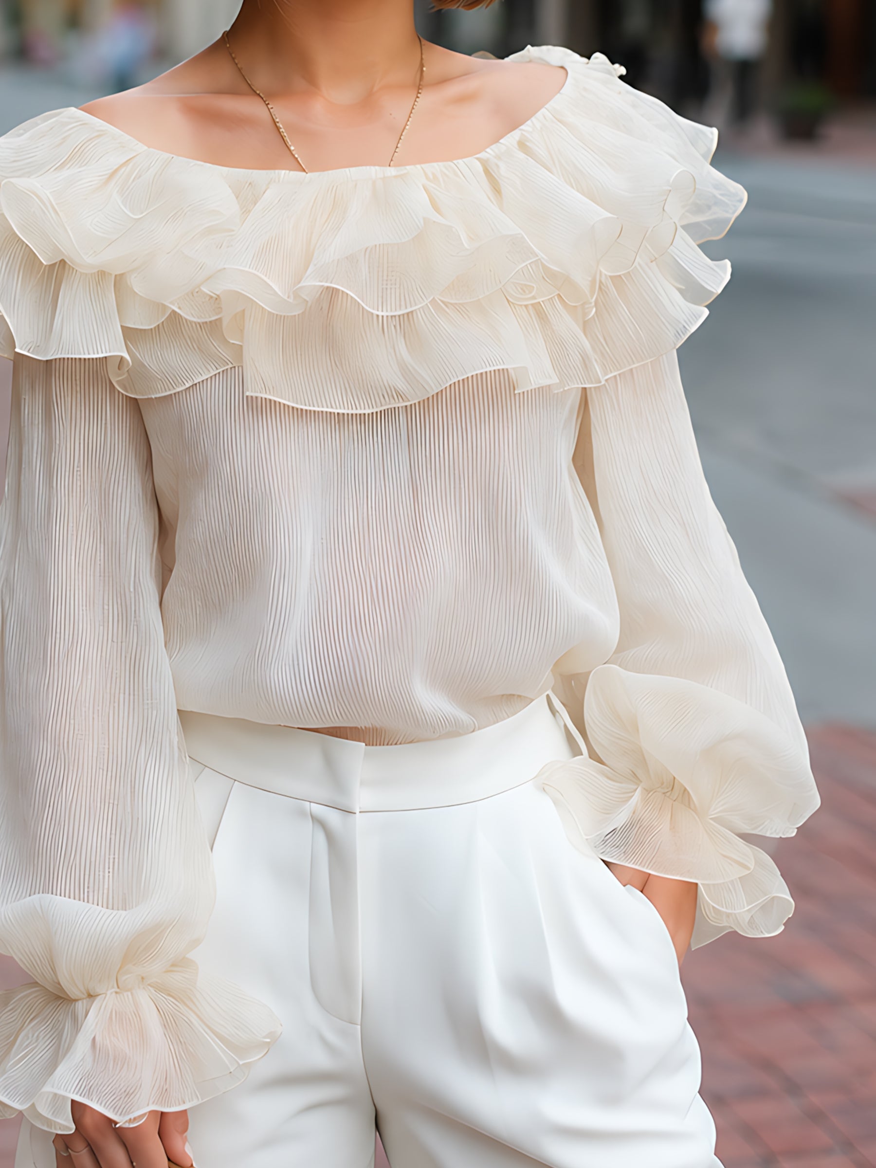 Chiffon Ruffle-Collar Sleeve-Cuff Blouse