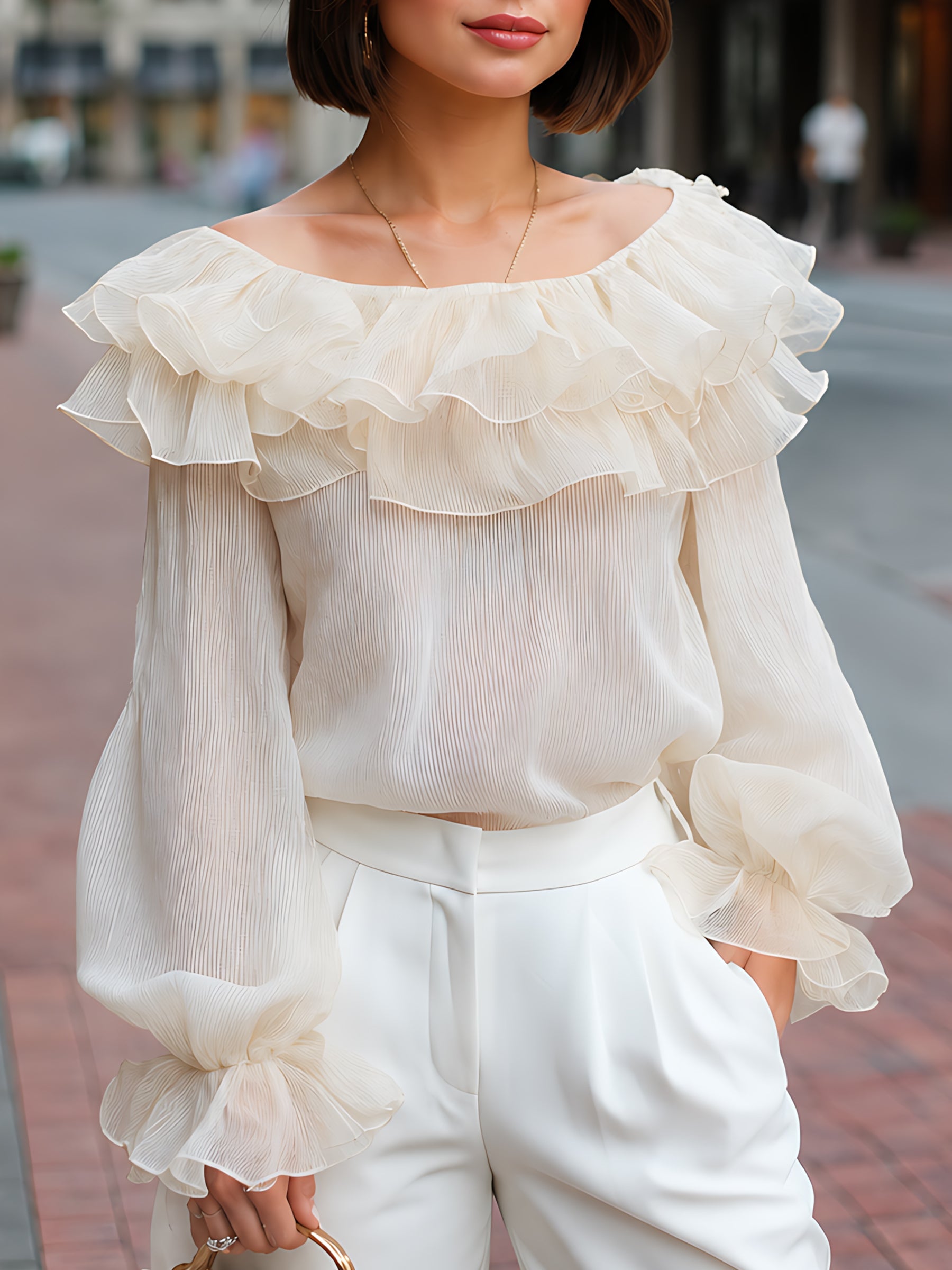 Chiffon Ruffle-Collar Sleeve-Cuff Blouse