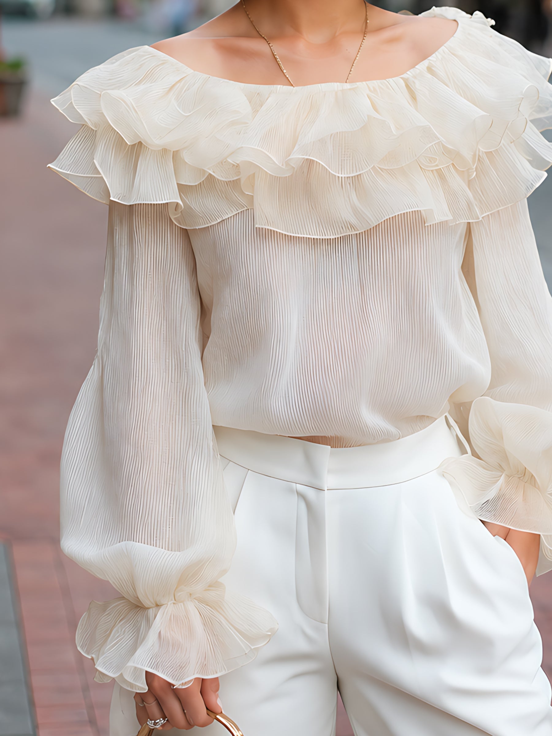 Chiffon Ruffle-Collar Sleeve-Cuff Blouse