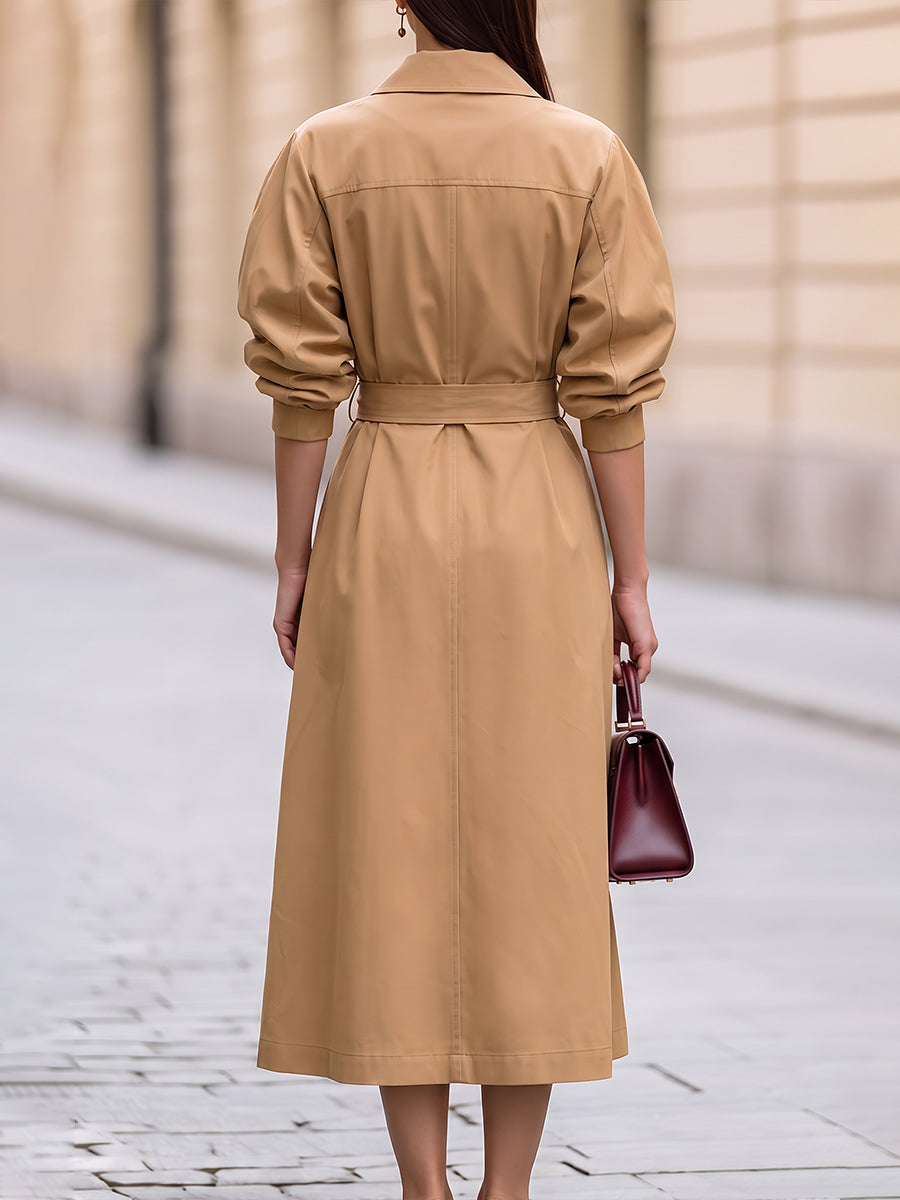 Double Breasted Belted Trench Style Midi Dress