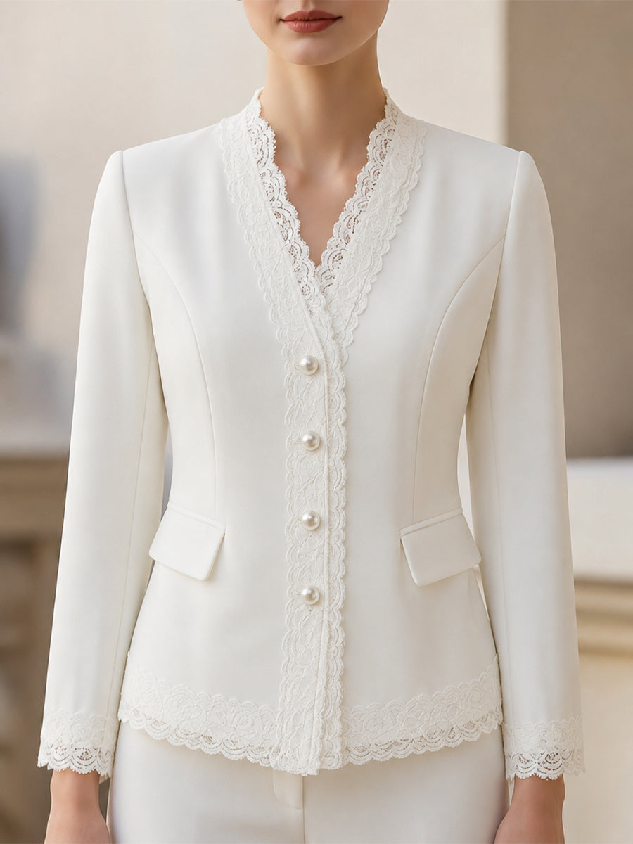 Pearl Button Lace-Trimmed Blazer