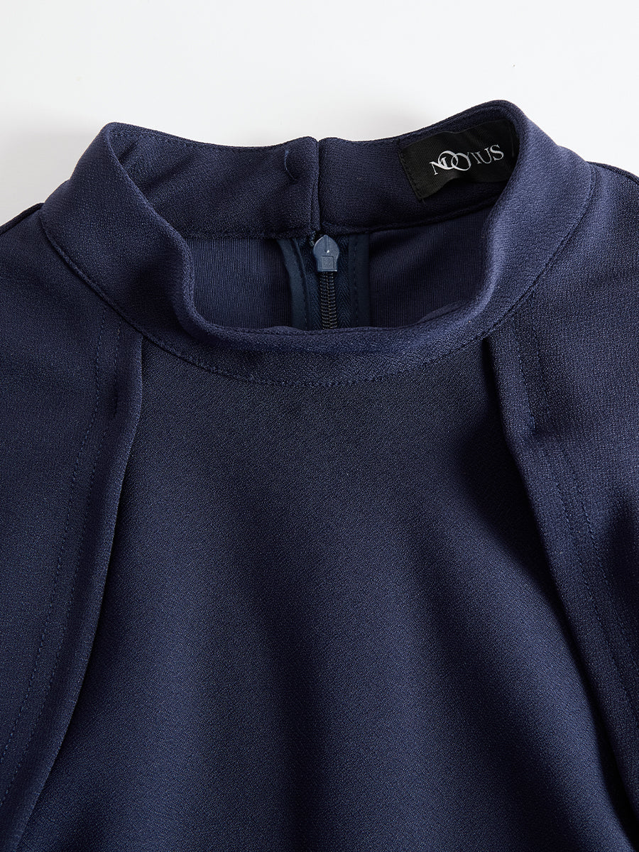 Elegant Navy Cape-Sleeve Midi Dress