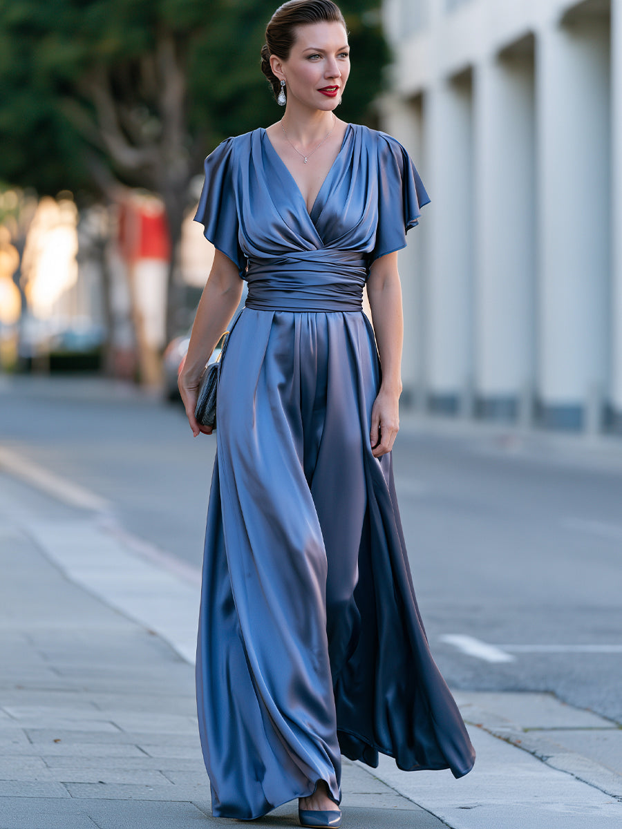 Satin V-Neck Flutter Sleeve Wrap Waist Maxi Dress