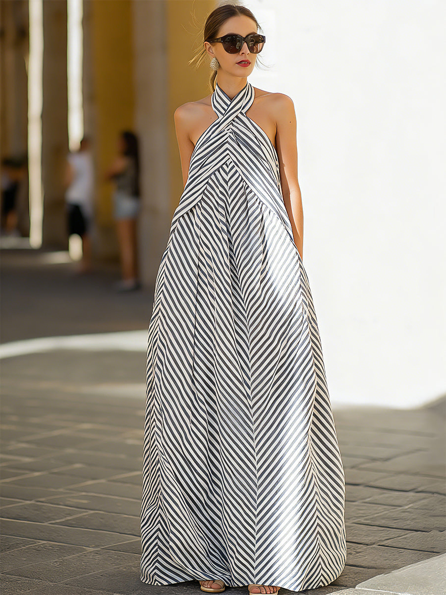 Nautical Stripe Halter Neck Maxi Dress