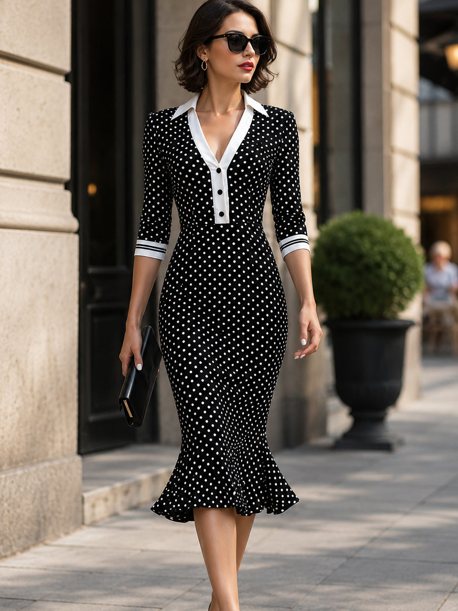Polka Dot Contrast Collar Mermaid Midi Dress