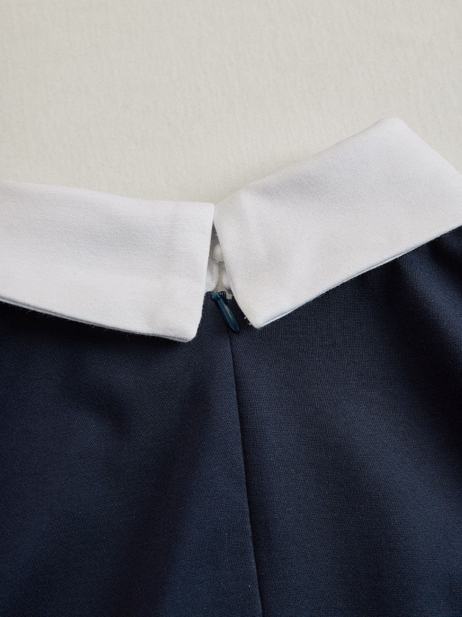 Elegant Navy & White Contrast Button-Up Midi Dress