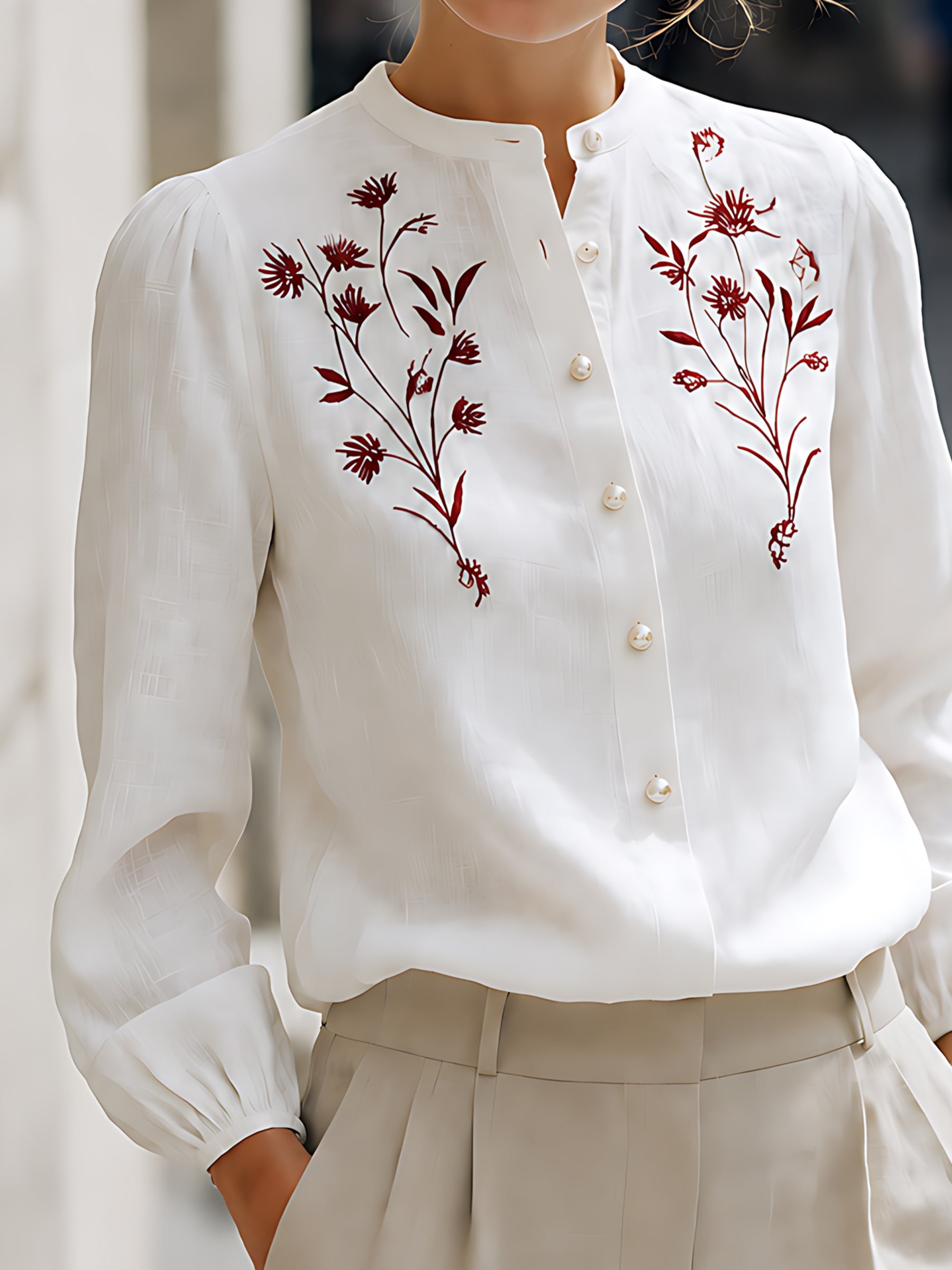 Embroidered Linen Button-Up Blouse