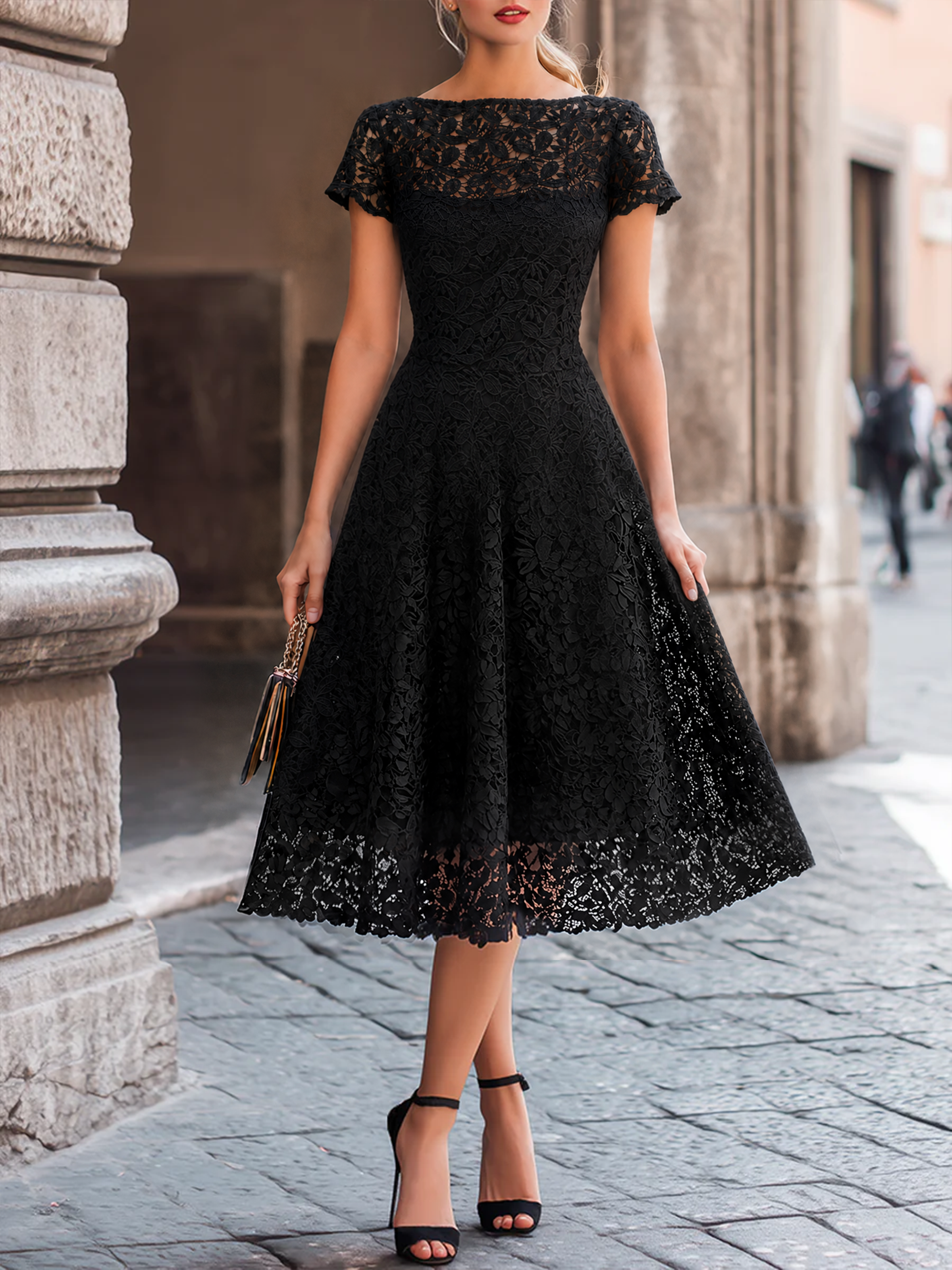 Elegant Floral Lace Boat Neck A-Line Midi Dress