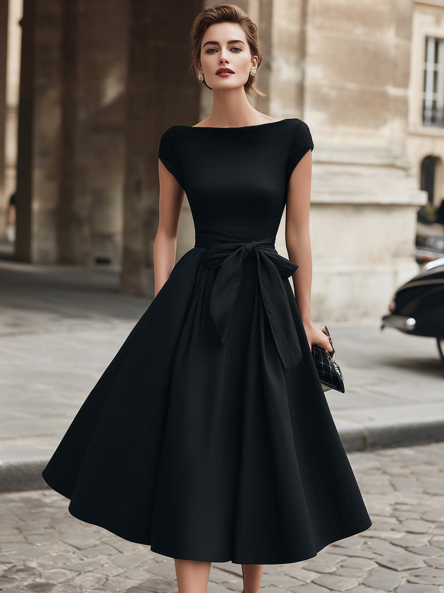 Cap-Sleeve Bow-Waist Midi Dress