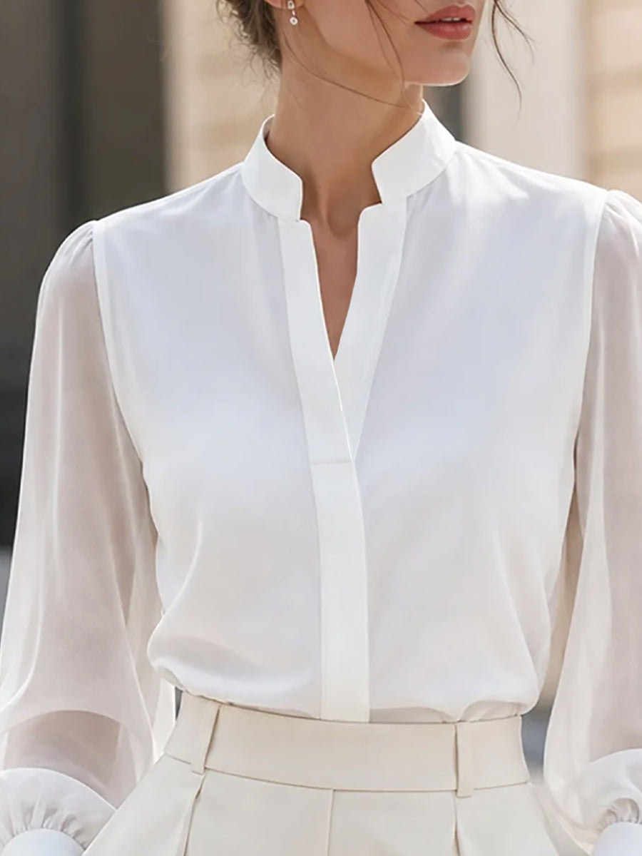 Stand Collar Split V Neck Sheer Lantern Long Sleeve  Blouse