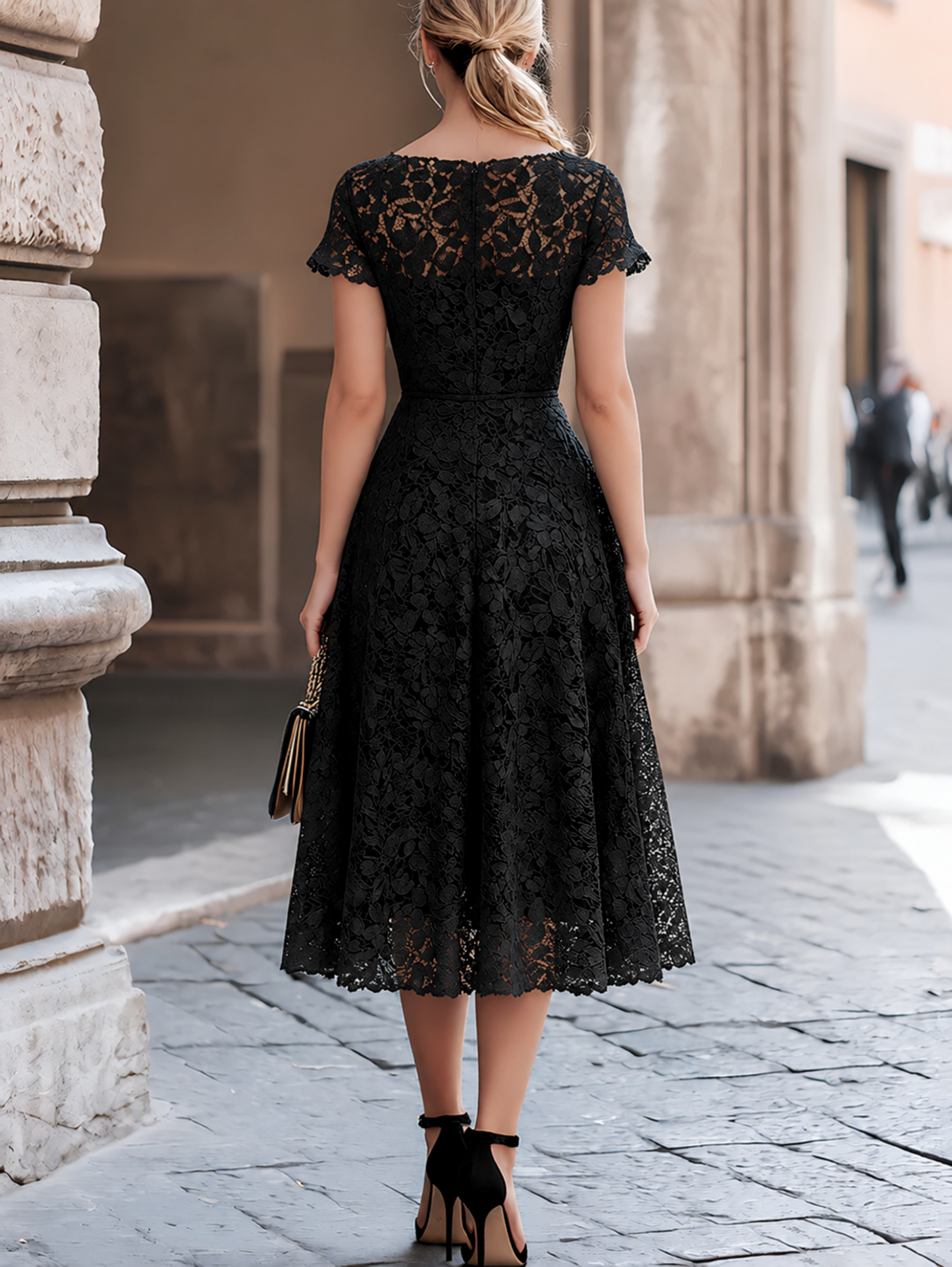 Elegant Floral Lace Boat Neck A-Line Midi Dress