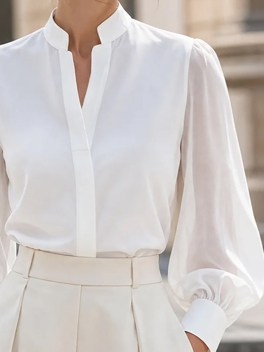 Stand Collar Split V Neck Sheer Lantern Long Sleeve  Blouse