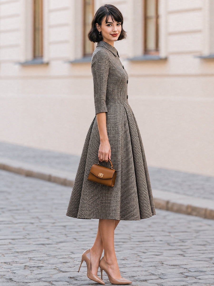 Houndstooth Collared 3/4 Sleeve Button Front A-Line Midi Dress