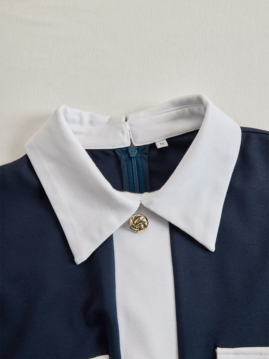 Elegant Navy & White Contrast Button-Up Midi Dress