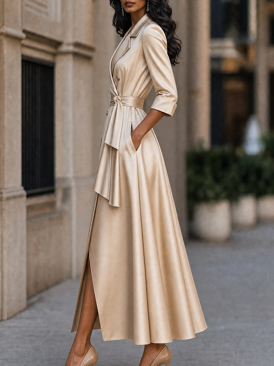 Satin Double-Breasted Tie-Waist Midi Dress