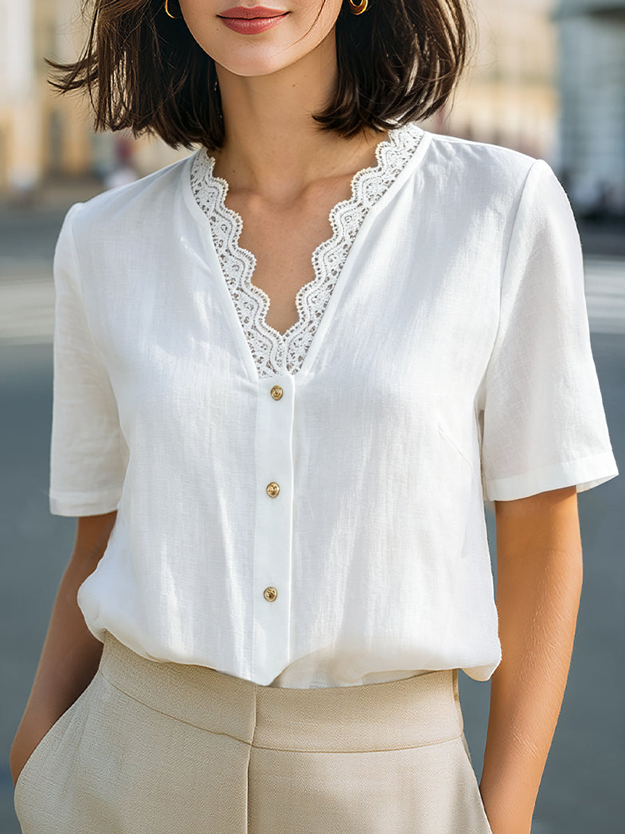 Lace-Trim V-Neck Button-Front Short Sleeve Blouse