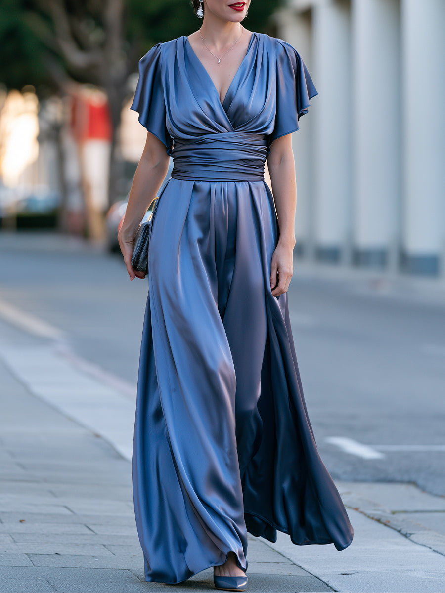 Satin V-Neck Flutter Sleeve Wrap Waist Maxi Dress