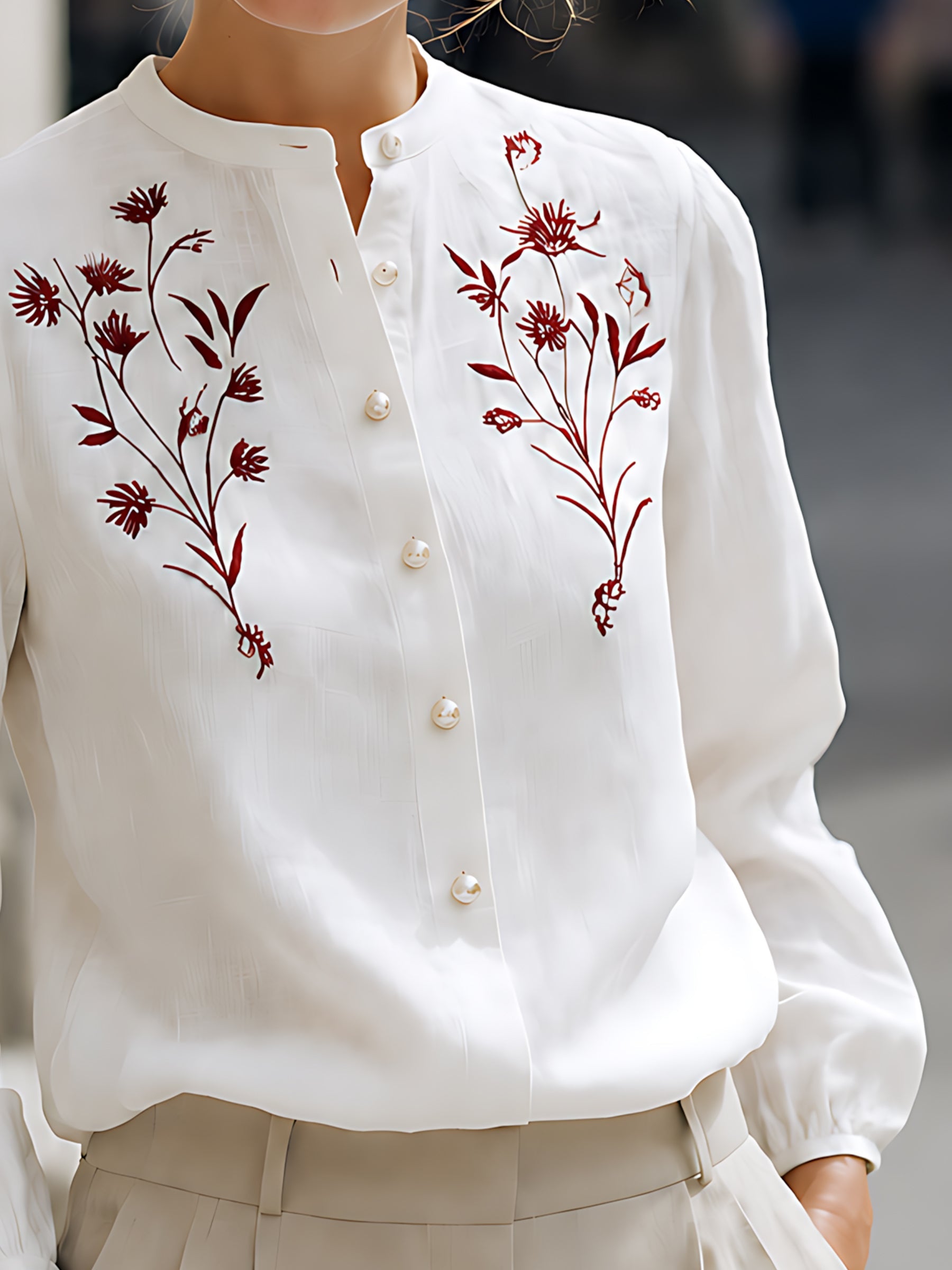 Embroidered Linen Button-Up Blouse