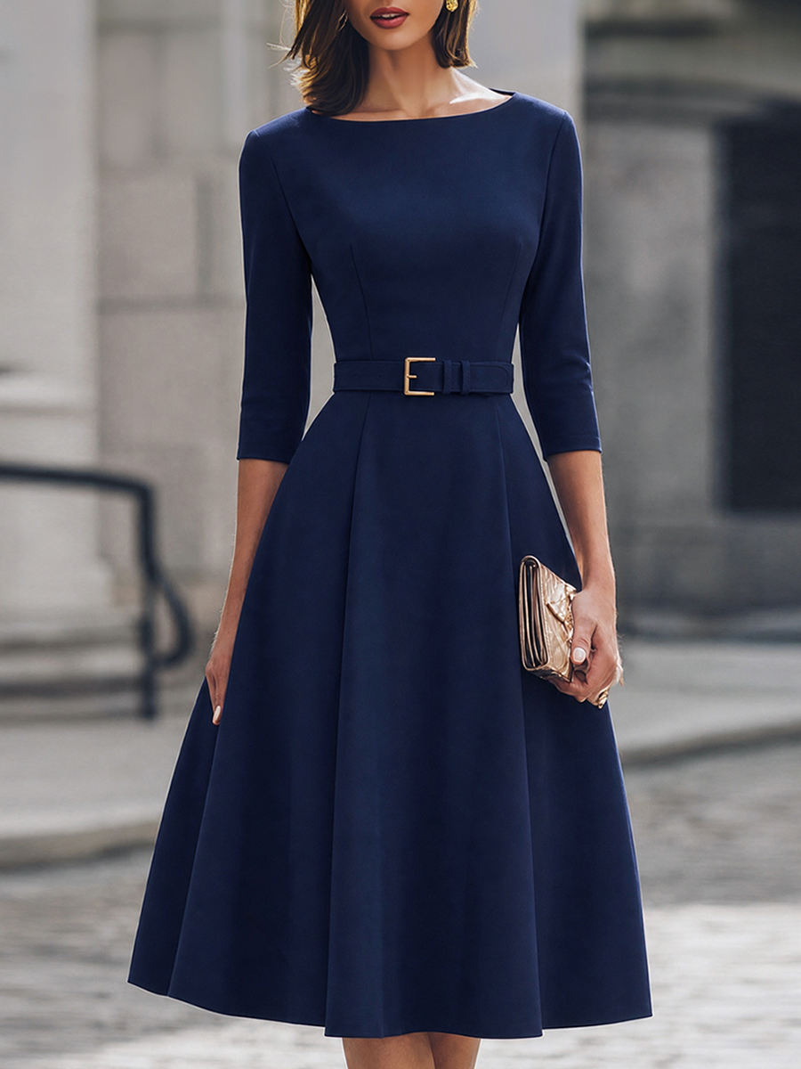 Belted Boat Neck A-Line Midi Dress