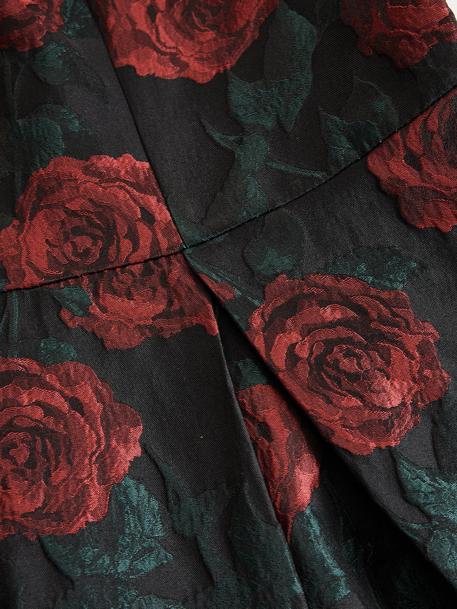 Elegant Jacquard Rose Print Midi Dress