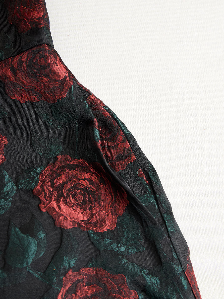 Elegant Jacquard Rose Print Midi Dress