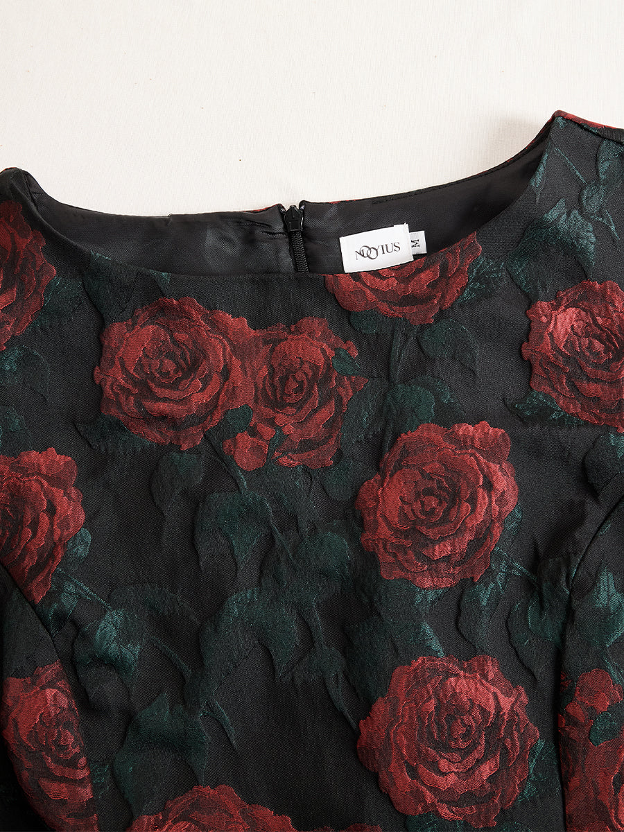 Elegant Jacquard Rose Print Midi Dress