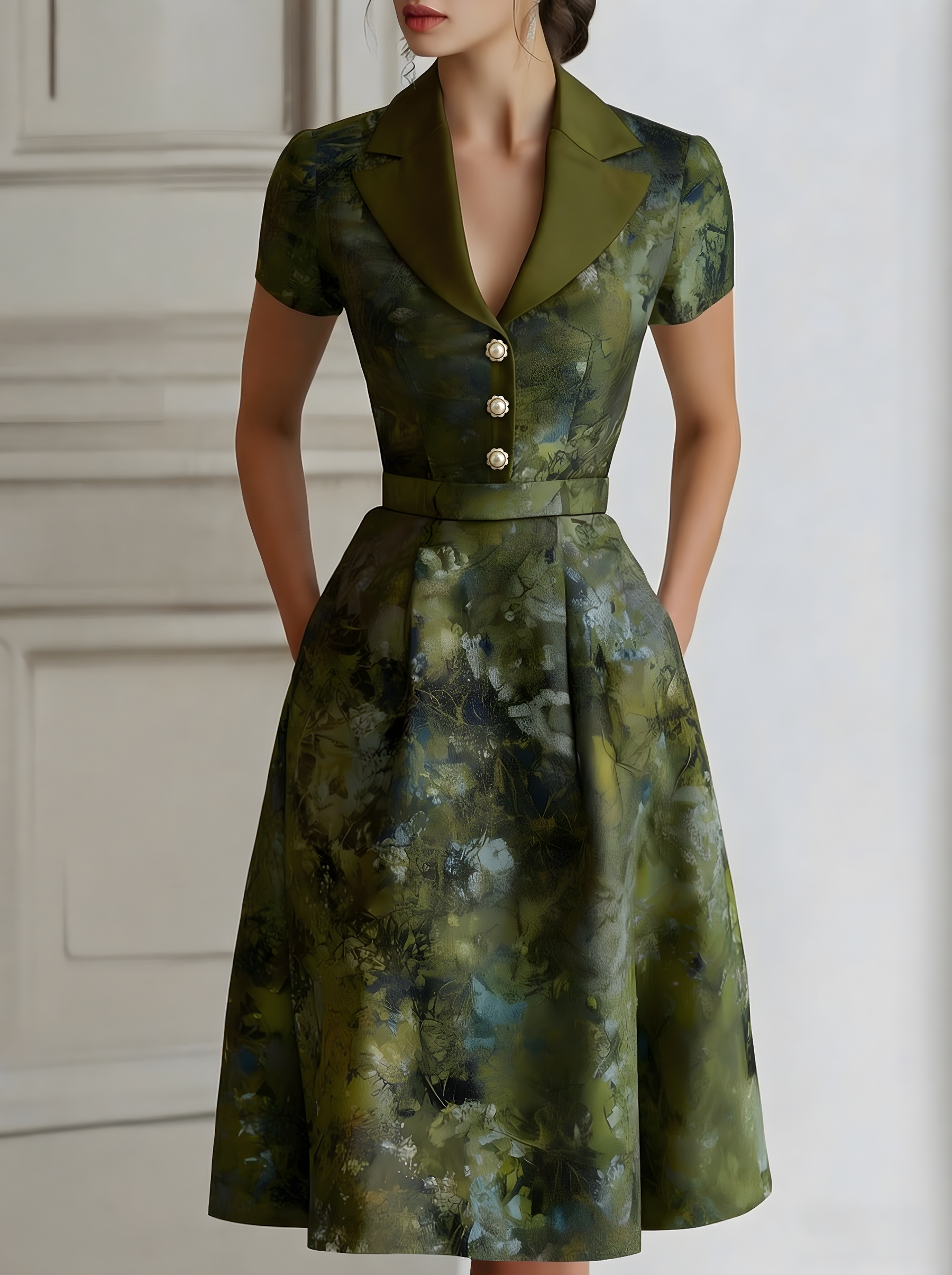 Floral Lapel Short Sleeve Midi Dress With Tailored Waist