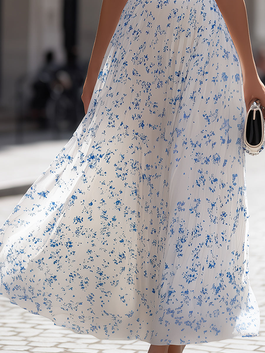 White & Blue Ditsy Floral Sleeveless Pleated Maxi Dress