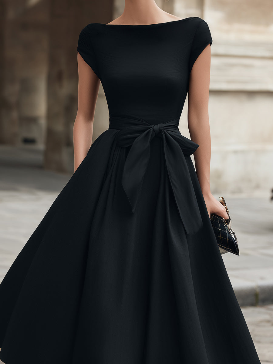 Cap-Sleeve Bow-Waist Midi Dress