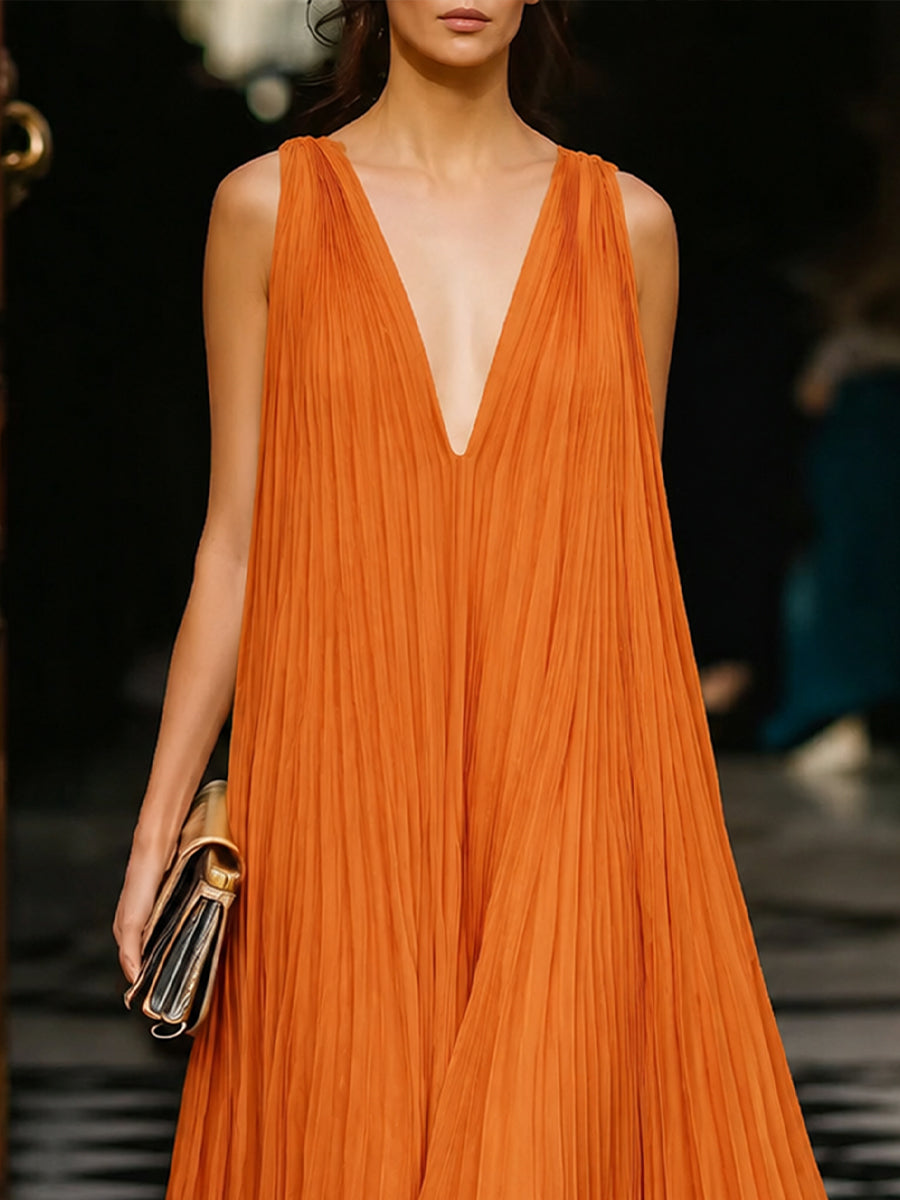 Deep V-Neck Pleated Flowing Maxi Dress