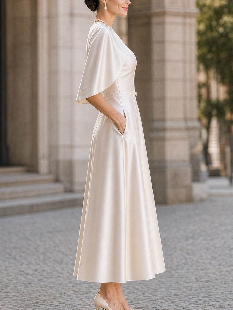 Elegant Satin Cape-Sleeve A-Line Midi Dress